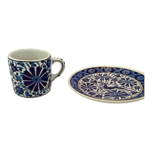 Nassas Rodos Hellas Handmade Greek Pottery Deer Floral Espresso Cup & Saucer - Picture 9 of 10